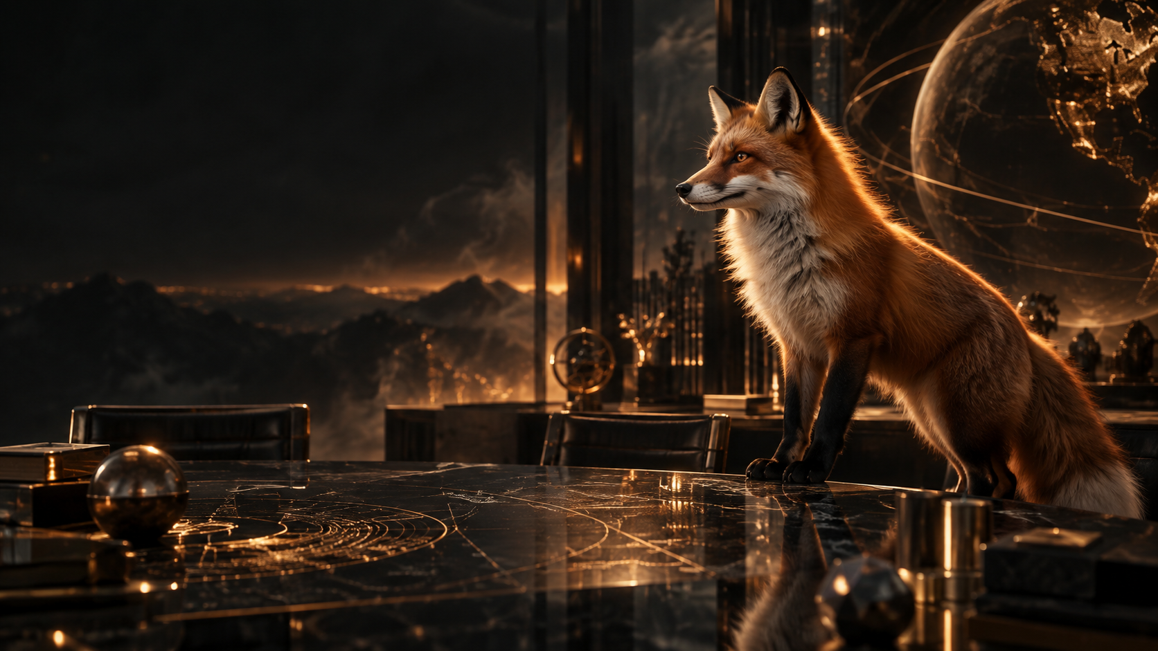 Cinematic orange fox beside an AI workshop table with data reflections